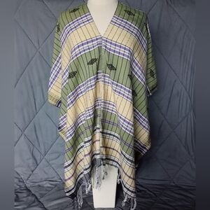 Large Multi Colored Poncho Stripes & Tassels V Neck Style Purple Green Yellow